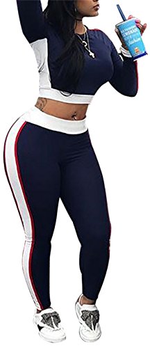 Women's Blue 2 Piece Outfits Clubwear Long Sleeve High Waist Leggings Sets