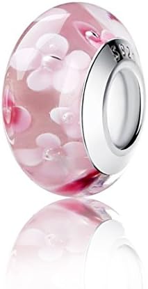 Kigmay Jewelry 925 Sterling Silver Pink Flower Murano Glass Spacer Bead Charm for Snake Chain Bracelet