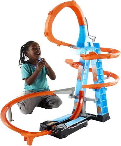 Hot Wheels - Himmelscrash-Turm, 60cm hoch mit batteriebetriebenem Beschleuniger und orangem Track mit Looping, Geschenk für Kinder von 5 bis 10 Jahren, Abweichungen in Verpackung vorbehalten, GWT39