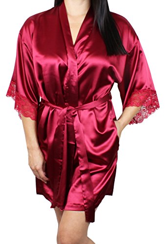 Women s Satin Kimono Bridesmaid Short Robe Lace Trim Sleeves - Red XS/S