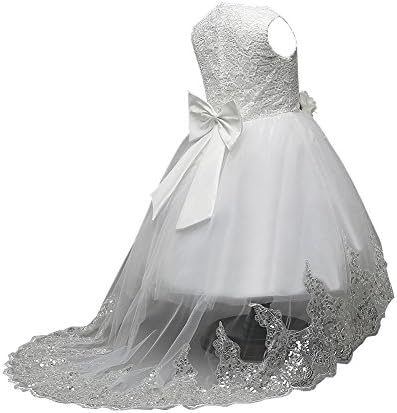 Omaysaa Sequins White Lace Trailing Boho Chiffon Flower Long Sleeves Girl Dress 4-12 Year Old (White Sleeveless, 5T)