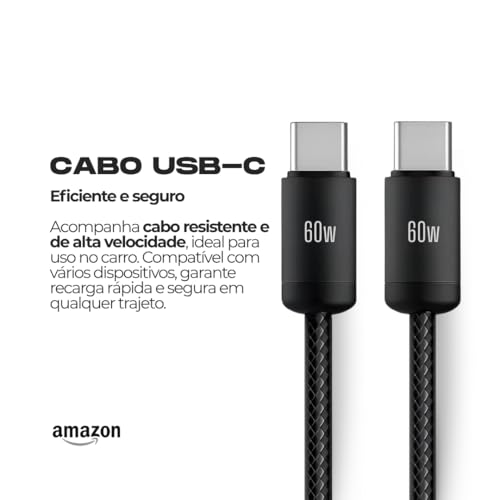 Carregador Veicular para Automóvel Turbo 60W com Duas Entradas, Carregamento Super Rápido + Cabo USB-C Premium Compatível com Dispositivos iOS e Android