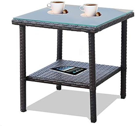 LEAPTIME Patio Side Table Coffee Table Tea Table Mixed Brown Rattan Outdoor Indoor Square Table Balcony Small End Table