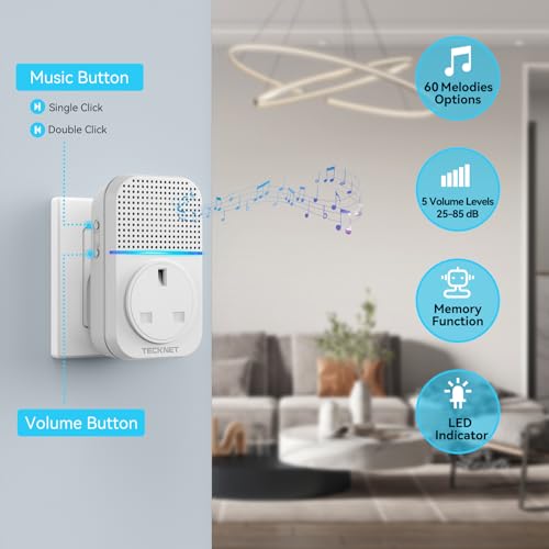 TECKNET Self-Powered Doorbell, Waterproof IP65 Twin Wireless Doorbell No Battery Required Push Button Plug Through Cordless Door Chime at 1300ft Range with 60 Chimes, 5-Level Volume & LED Light