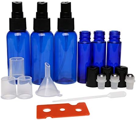Nalati 3 pieces x 10 ml Empty Glass Bottle, Roll-on Essential Oil or Perfume Bottle + 3 pieces x 50 ml Plastic Portable Travel Spray bottle with cap + 1 ml Pipette + 1 Funnel + 1 Bottle Opener