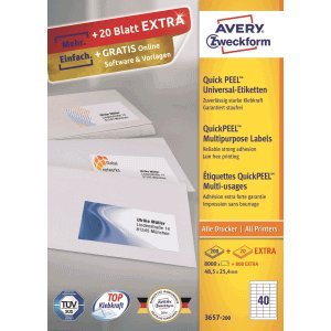 AVERY Zweckform 3657-200 Universal Labels (8,000 Plus 800 Adhesive Labels Extra 48.5 x 25.4 mm on A4, Matte Paper, Individually Printable, Self-Adhesive Stickers with Ultra-Grip) 220 Sheets, White