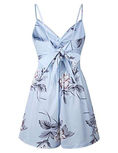 Poptem Women Sexy V Neck Printed Spaghetti Strap Beach Romper Shorts Jumpsuit Summer Playsuit (Light Blue, S)