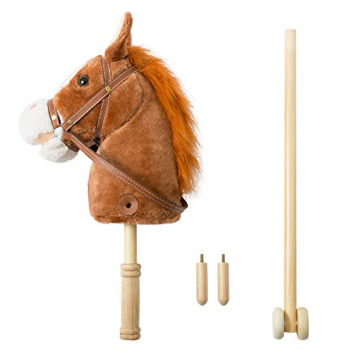 HollyHOME Outdoor Stick Horse with Wood Wheels Real Pony Neighing and