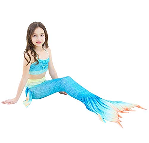 Kids Girls Sparkle Mermaid Tail with Monofin Swimmable Swimwear 4pcs Sets for Kids 3~10Years (110 (4-5 Years), A-Beige Blue) - Thumbnail 3