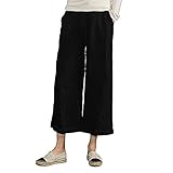MOCOTONO Women's Plus Size Elastic Waist Wide Leg Linen Cropped Pants Black X-Large
