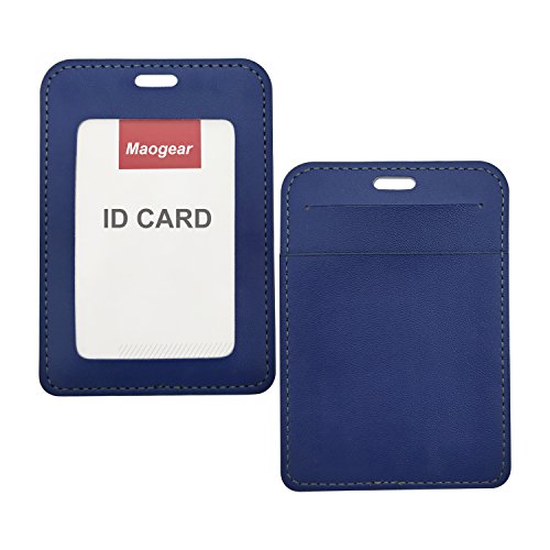 ID Holder PU Leather ID Badge Holder Wallet - Double Sided Name Card Holder with Pockets Clear Viewing Window Id Badge and 20" Neck Lanyard/Strap for Offices ID, School ID, Credit Card (Blue)