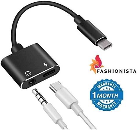 FASHIONISTA 2-in-1 Type C to 3.5mm Headphone Audio & Charger Adapter Splitter Supports OnePlus 7 Pro/7/6T Samsung S9/Plus and All Type C Smartphones - (Black)