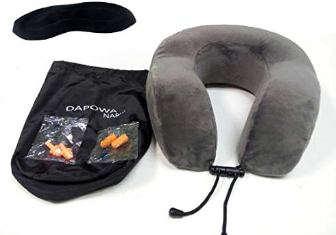 DAPOWA NAP Travel Kit - U Pillow Memory Foam - Removable Cover - with 2 Pairs of Earplugs AND Memory Foam Eye Mask - Includes Carrying Bag (GREY)