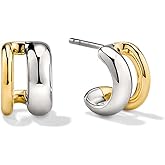PICKBEAU Two Tone Hoop Earrings for Women,Trendy Sterling Silver Gold C Shaped Hoop Earrings for Girls Classic Lightweight Hoops Earrings