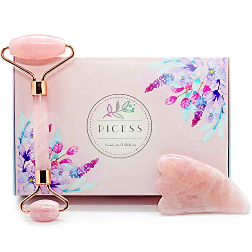 Jade Roller for Face and Gua Sha Facial Tool – Handcrafted of Pure Rose Quartz – Ultra Smooth Design – Skin Relaxing with Exclusive Ebook