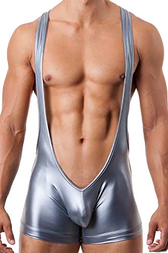 ONEFIT Men s Jockstrap Mankini Singlet Bodysuit Leather Underwear Silver S