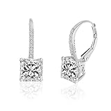 Lesa Michele Womens Square Cut Cubic Zirconia Lever Back Earrings in Rhodium over Sterling Silver