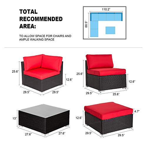 Peach Tree 7PCs Outdoor Patio Furniture Sectionals PE Wicker Rattan Sofa Set with 2 Ottomans Red