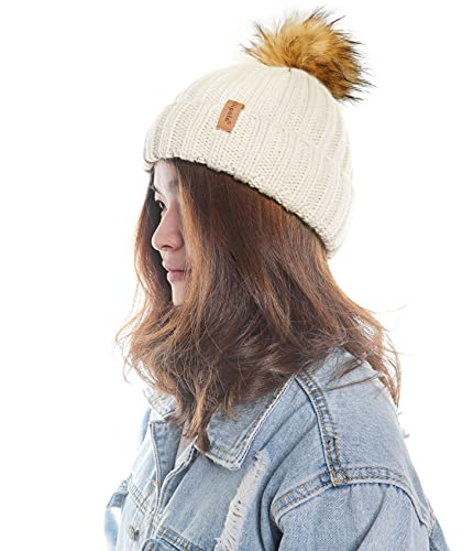 Fur Pom Bobble Hat Skull Beanie(Beige 