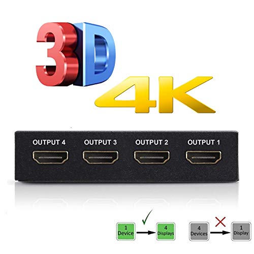 4K HDMI Splitter - 1 Input Device to 4 Displays by Ditching Extra Cable Boxes - Powerful Signal Transfer Up to 65ft - Record & Stream Games from PS4, Xbox One & More