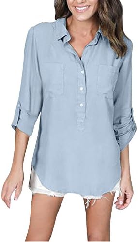 TOPUNDER Women's Long Sleeve Loose Blouse Casual Shirt Summer Tops T-Shirt (XL, Blue)