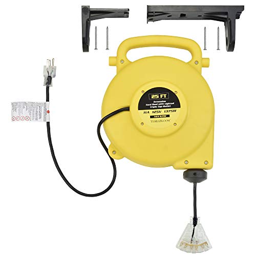 25 Ft Retractable Extension Cord Reel - 2 In 1 Mountable & Portable Power Cord Reel with 3 Electrical Outlets - 14/3 SJTW Heavy Duty Yellow Case and Black Cable With Lighted Power Block