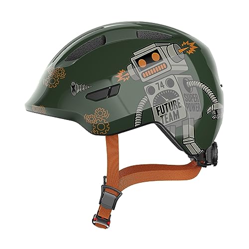 ABUS Kinderhelm Smiley 3.0 - Fahrradhelm mit tiefer Passform, kindergerechten Designs & Platz für einen Zopf - für Mädchen und Jungs - Grün mit Roboter-Muster,