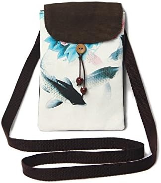 CreativeStorage Small Chinese Vintage Style Handmade Canvas Imprinting Peony with Fish Cross Body Purse Bag