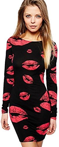 Red Lip Lips Kiss Printed Low Back Stretchy Bodycon Mini Dress Black XL