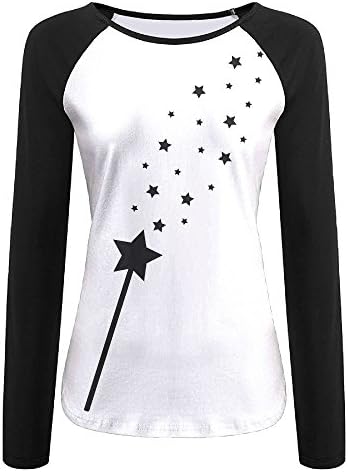 Magic Wand With Star Women's Color Block Long Sleeve T-Shirts Crew-Neck Casual Slim Tops Athletic Fitted Tee