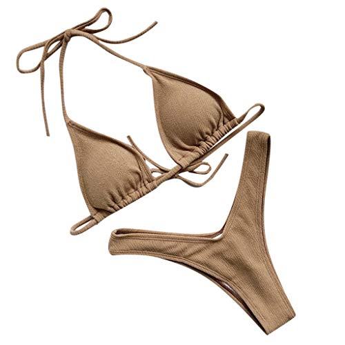 iYBUIA Women's Sequin Bikini Set Solid Two Piece Swimsuit TFilled Bra Beachwear Khaki