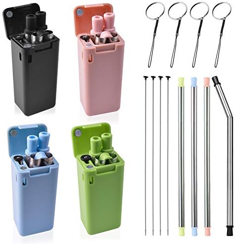 4 Pack Collapsible Reusable Straw Stainless Steel Folding Drinking Straws Portable Straw with Cleaning Brush & Hard Protect Case for Outdoor Household Party (Black&Blue&Pink&Green)