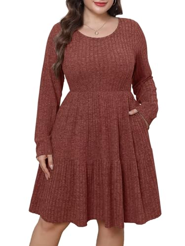 BELAROI Plus Size Fall Dresses for Curvy Women Sweater Dress Pockets Long Sleeve Winter Spring Outfits Scoop Neck A line (V2-Caramel, 4X)