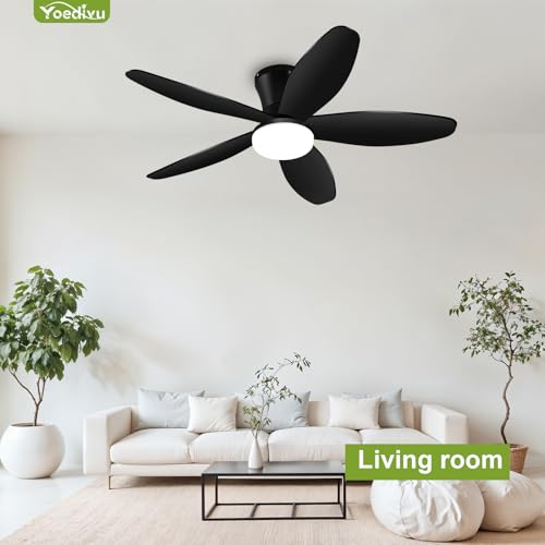 Yoedivu Black Ceiling Fan with Light, 42 Inch Low Profile Flush Mount Ceiling Fan 6-Speed Wind, Quiet Reversible DC Motor, 3 Color Dimmable Lighting, Small Ceiling Fan for Living Room/Kitchen/Bedroom