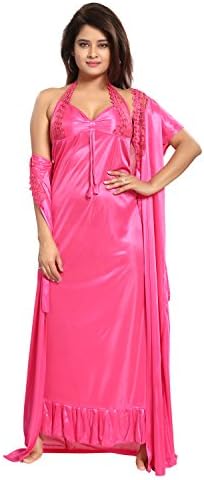 REPOSEY Women's Satin Nightwear Free Size Set of 2 Pcs Robe with Nighty