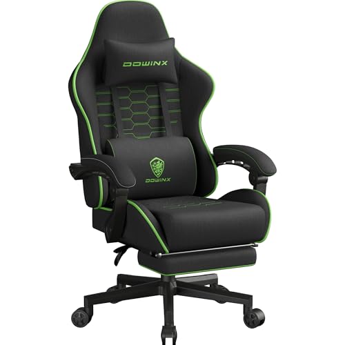 Dowinx Gaming Chair with Spring Cushion, Breathable, High Quality Fabric Ergonomic Gaming Chair with Headrest, Swivel Desk Chair with Footrest (Black & Green)