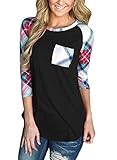 Annflat Women's Casual Striped 3/4 Sleeve Pocket T Shirt Color Block Blouses and Tops Medium Black