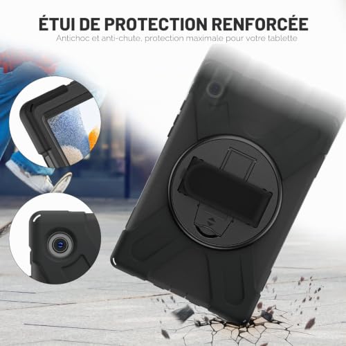 Gerutek Shockproof Case for Samsung Galaxy Tab A8 10.5 Inch 2022, (SM-X200/SM-X205/SM-X207), Heavy Duty Armor Case with Rotating Stand, Hand Strap and Shoulder Strap, Cover for Samsung Tab A8 10.5-Inch, Black