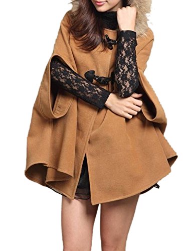 Lingswallow Women's Winter Warm Faux Fur Collar Poncho Woolen Cape Coat Red