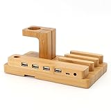 OJA 5-Port USB Desktop Bamboo Charging Station Universal Multi Device Dock Organizer Apple Watch Stand for iOS & Android Smartphones, Tablets & Apple Watch