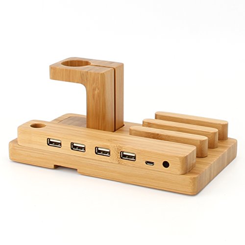 OJA 5-Port USB Desktop Bamboo Charging Station Universal Multi Device Dock Organizer Apple Watch Stand for iOS & Android Smartphones, Tablets & Apple Watch