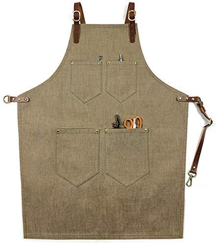 HeiPlaine Lightweight Apron Brown Denim Bib Apron Y Leather Strap Barista Chef Baker Bartender Uniform Barber Florist Painter Carpenter Work Wear Xl Chef Apron