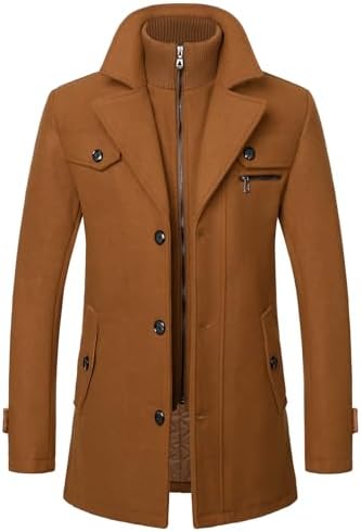 Mens Mid Length Pea Coat Thermal Single Breasted Wool Blend Coat