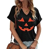 V Neck Fall Shirts for Women Pumpkin Graphic T Shirts Cute Halloween Tops Thanksgiving Tee