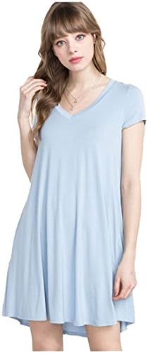 Bamboo Fiber Knit Short Sleeve V-Neck T-shirt Dress (Small, Calm Blue)