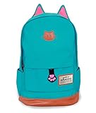 Moolecole Leather & Canvas Backpack School Bag with Cat's Ears Design Turquoise