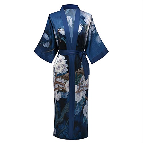 Old-to-new Women's Long Lightweight Elegant Kimono Robe Silk Bathrobe Dressing Gown with Fur- Watercolor Floral - Thumbnail 7