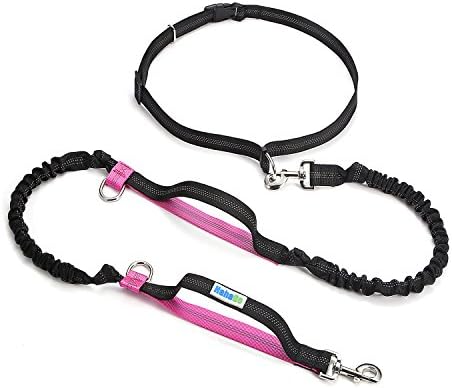 Hands Free Dog Leash with Dual Retractable Bungees for Running, Jogging and Walking, Fit for up to 165lbs Large Dogs (Black/Pink)