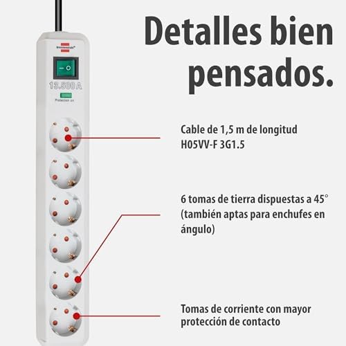 Eco-Line regleta de enchufes con 6 Tomas de Corriente y protección contra sobretensiones (Cable de 1,5 m, Interruptor Iluminado, protección sobretensión hasta 13.500 A) Gris