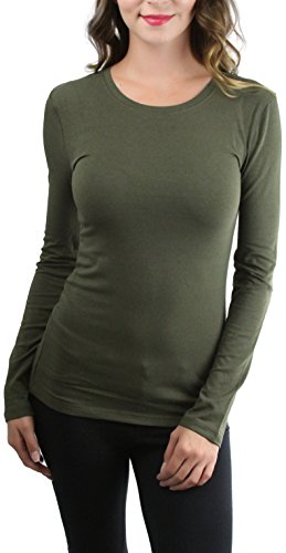 ToBeInStyle Women's Crew-Neck Staple Top with Long Sleeves - Dark Olive - S